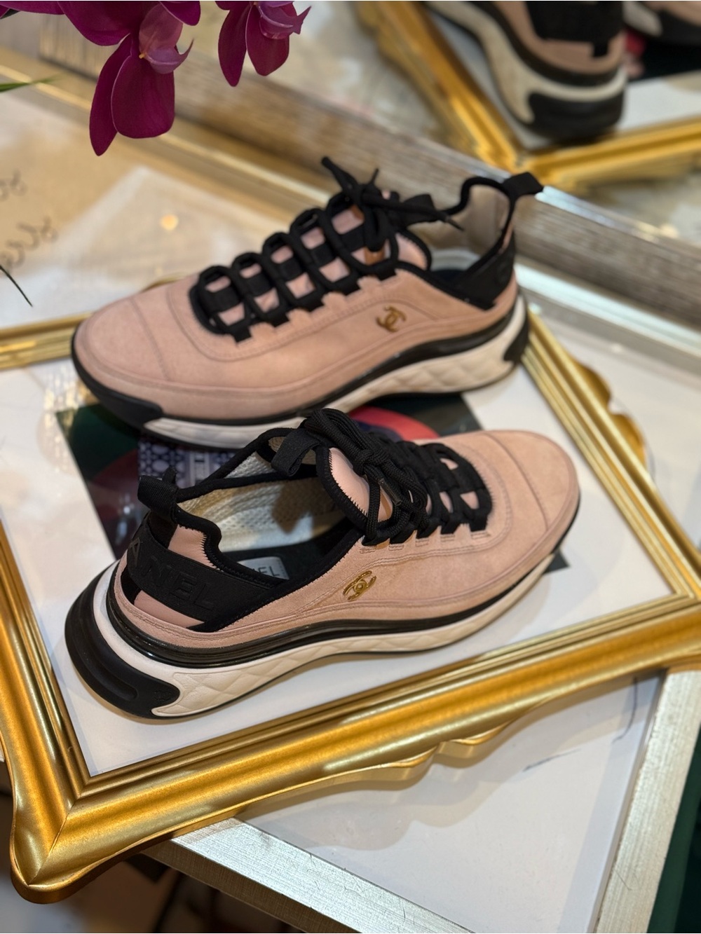 CHANEL Blush Pink and Black Suede Low-Top Sneakers - Picture 3 of 11